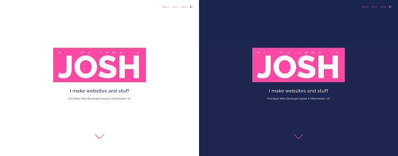 An image showing the header of the homepage of Josh.ee, with the light theme on the left and the dark theme on the right.