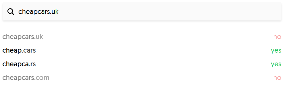 A search for the term 'cheapcars.uk' which returns 'cheapcars.uk', 'cheap.cars', 'cheapca.rs' and 'cheapcars.com'