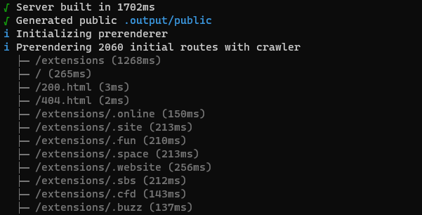 A snippet of the build output, listing 2,060 routes that need to be generated.